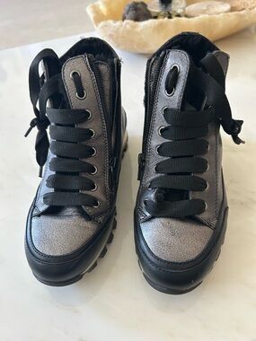 Metallic Gray Lace-Up Ankle Booties with Side Zip